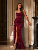 Elegant Satin Ruched Ruffle Slit Maxi Dress