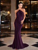 Elegant Halter-neck Draped Satin Train Maxi Dress