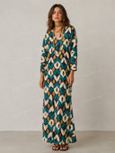 Retro Geometric Print V-Neck Kaftan Maxi Dress