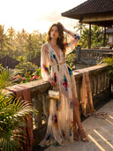 Deep V-Neck Puff Sleeve Printed Maxi Dress
