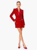 Exquisite Deep Red Double-Breasted Velvet Blazer Mini Dress