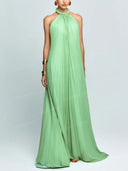 Elegant Chiffon Pleated Braided Halter Neck Backless A-line Maxi Dress