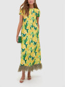 Lemon Blossom Print Feather Hem Midi Dress