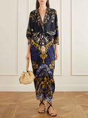 Retro Floral Print Twist Front Satin Maxi Dress