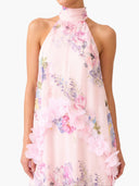 Elegant Pink Floral Applique Halter Maxi Dress