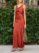 Elegant Satin Draped Cowl Neck Ruffle Maxi Dress