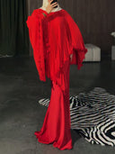Pleated Cape Top & Satin Mermaid Maxi Skirt Two‑Piece Set