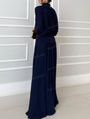 Elegant High Neck Pleated Cape Sleeve Maxi Dress