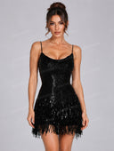 Sexy Sequin Fringe Trim Cowl Neck Mini Dress