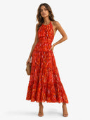 Elegant Halter Neck Abstract Print Tiered Maxi Dress