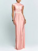 Elegant High-Neck Cap Sleeve Ruched Satin Maxi Dress