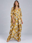 Elegant Floral Print Draped Kaftan Maxi Dress