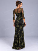 Elegant Floral Velvet Jacquard Mesh Maxi Dress