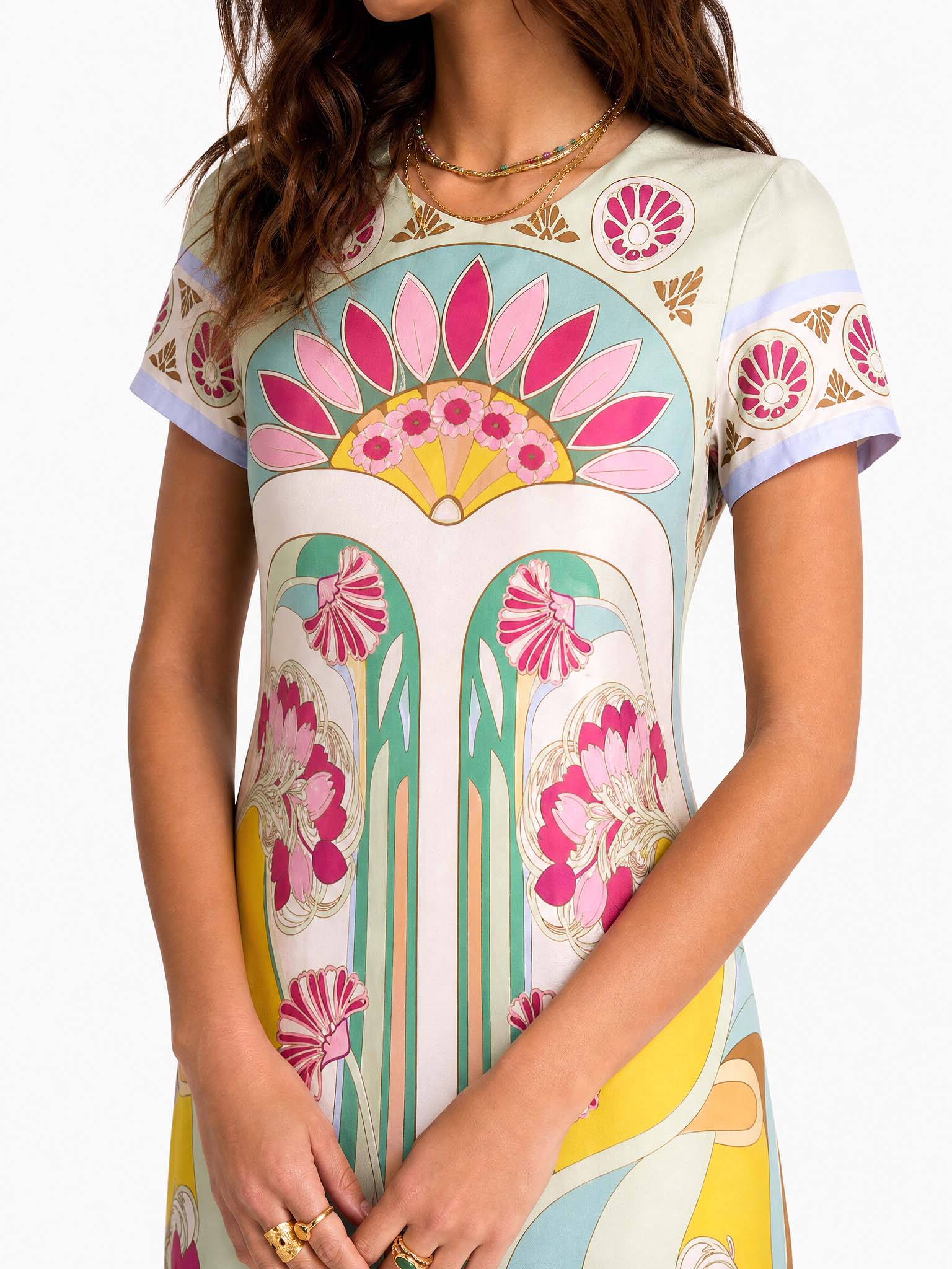 Art Nouveau Floral Feather Hem Midi Dress