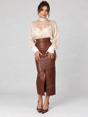 Sheer High Neck Blouse &Crocodile Embossed Midi Skirt Set