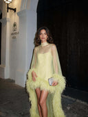 Elegant Feather Trim Sheer Chiffon High-Low Mini Dress