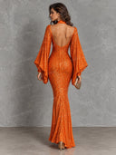 Sequin Plunge Neck Ruched Cape Sleeve Maxi Dress