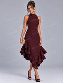Elegant Knit Asymmetric Ruffle Midi Dress
