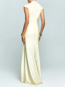 Elegant High-Neck Cap Sleeve Ruched Satin Maxi Dress