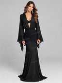 Lace Applique Draped Long Sleeve Maxi Dress