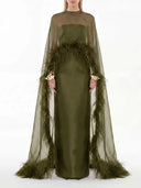 Elegant Feather Trim Chiffon Shawl Black Satin Maxi Dress