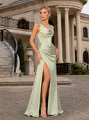 Elegant Satin Asymmetric Draped Neck Waist-Cinched Maxi Dress