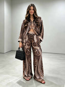 Retro Paisley Print Satin Shirt & Wide-Leg Pants Two-Piece Set