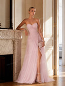 Elegant Pink Strapless Pleated Tulle Maxi Dress