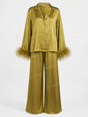 Elegant Satin Feather-Trim Flared Sleeve Two-Piece Set