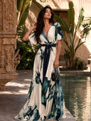 Elegant Watercolor Print V-Neck Flowing Maxi Dress