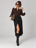 Contrast Collar Wrap Slit Midi Dress