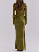 Elegant Lace Long Sleeve Ruched Waist Maxi Dress