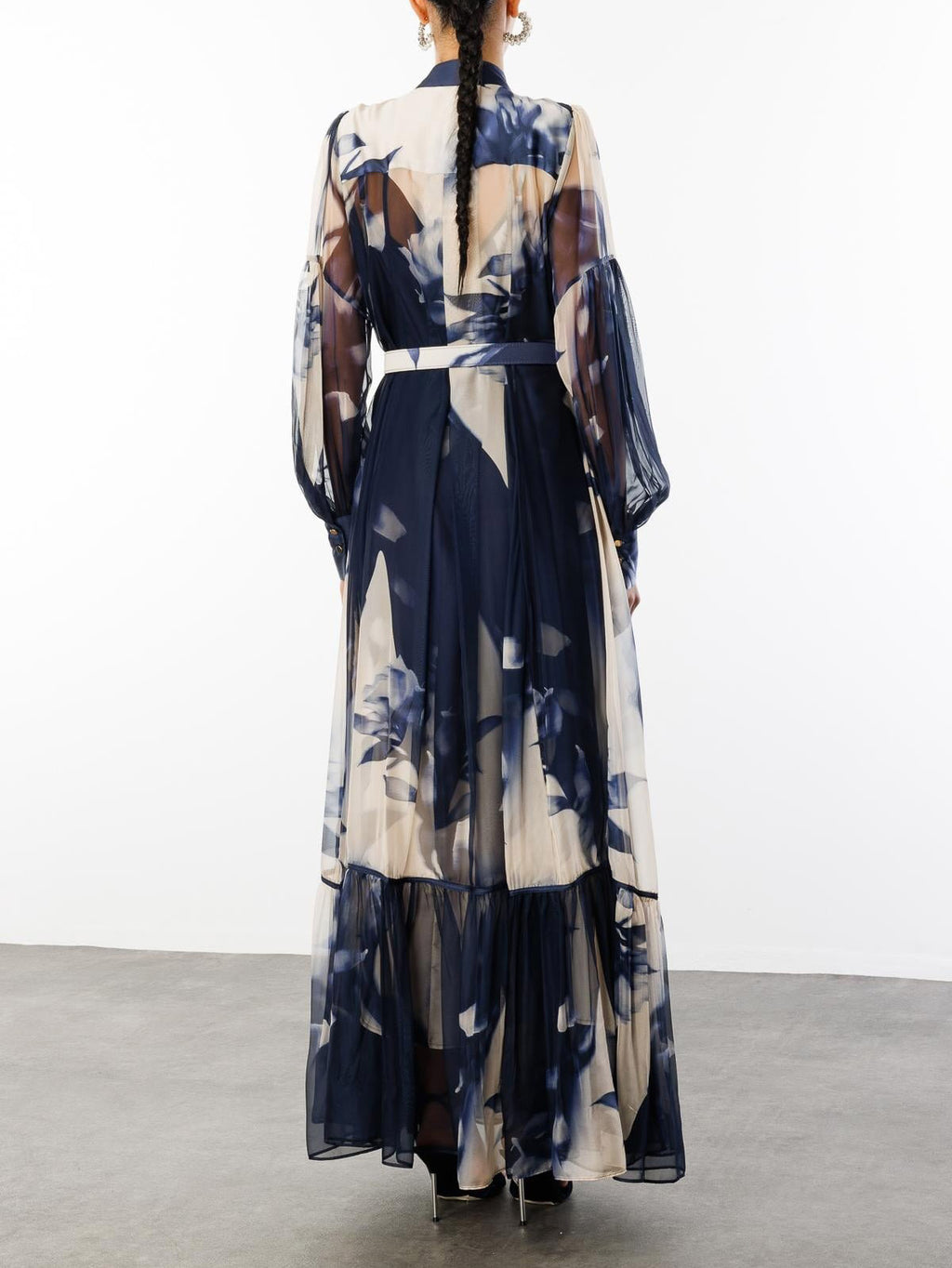 Elegant Abstract Floral Print Sheer Chiffon Maxi Dress