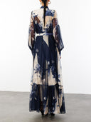 Elegant Abstract Floral Print Sheer Chiffon Maxi Dress