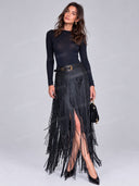 Elegant Fitted Long Sleeve Top & Fringe Maxi Skirt Two Piece Set