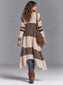 Retro Color Block Longline Open Front Knit Cardigan