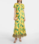 Lemon Blossom Print Feather Hem Midi Dress