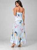 Elegant Floral Print Pleated Strapless Maxi Dress