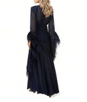 Elegant V-Neck Feather Cuff Flowing Chiffon Maxi Dress