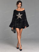 Retro Suede Sequin Star Off-Shoulder Mini Dress