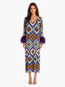 Elegant Geometric Print Feather Cuff Satin Maxi Dress