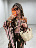 Retro Floral Print Satin Loose Shirt & Wide-Leg Pants Two-Piece Set