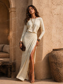 Casual Crew Neck Pleated Slit Maxi Dress