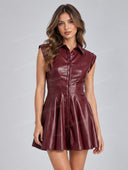 Faux Leather Button Front Shirt Mini Dress