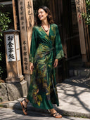 Fashionable Printed Satin Wrap Midi Dress
