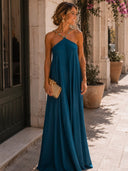 Elegant Beaded Halter Neck Flowy Maxi Dress