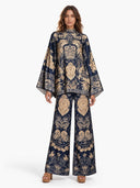 Retro Baroque Print High Neck Batwing Sleeve Two-Piece Set