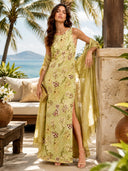 Elegant Botanical Print Sleeveless Midi Dress Two-Piece Set