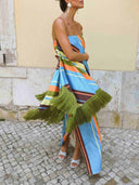 Colorful Striped Fringe Strapless Maxi Dress