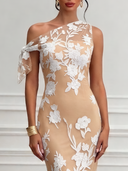 One-Shoulder Floral Embroidery Maxi Dress